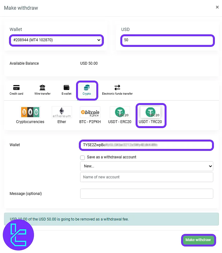 entering 4XC payout form details including wallet and USDT TRC-20