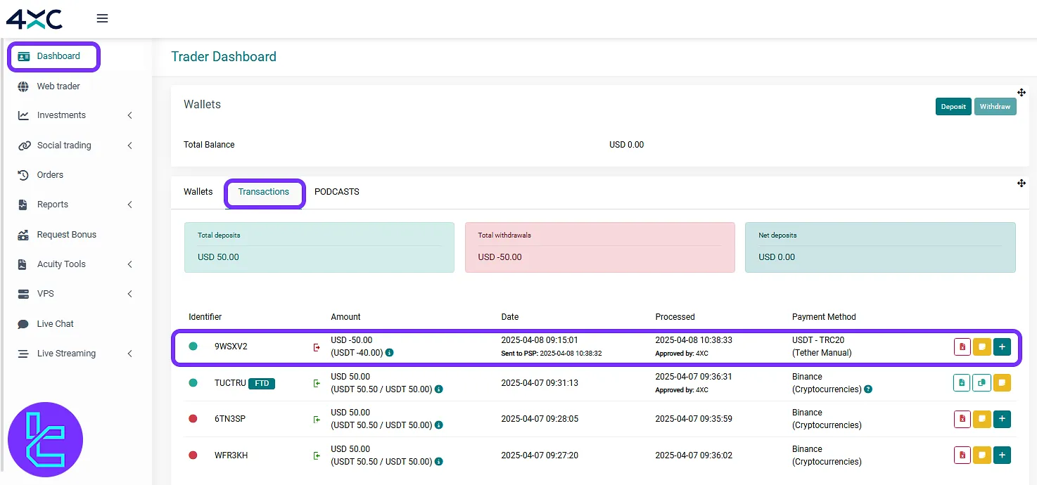 reviewing 4XC TRC20 transaction status in the "Transactions" tab