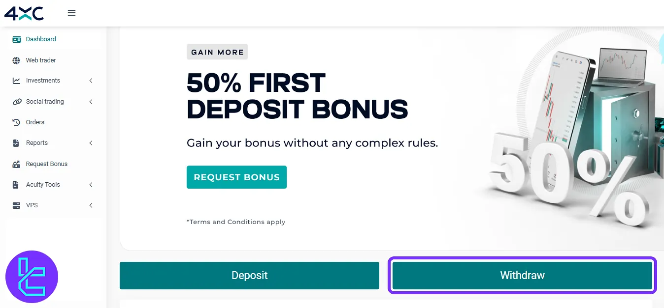 navigating 4XC dashboard and accessing the crypto payout menu to cash out TRC20