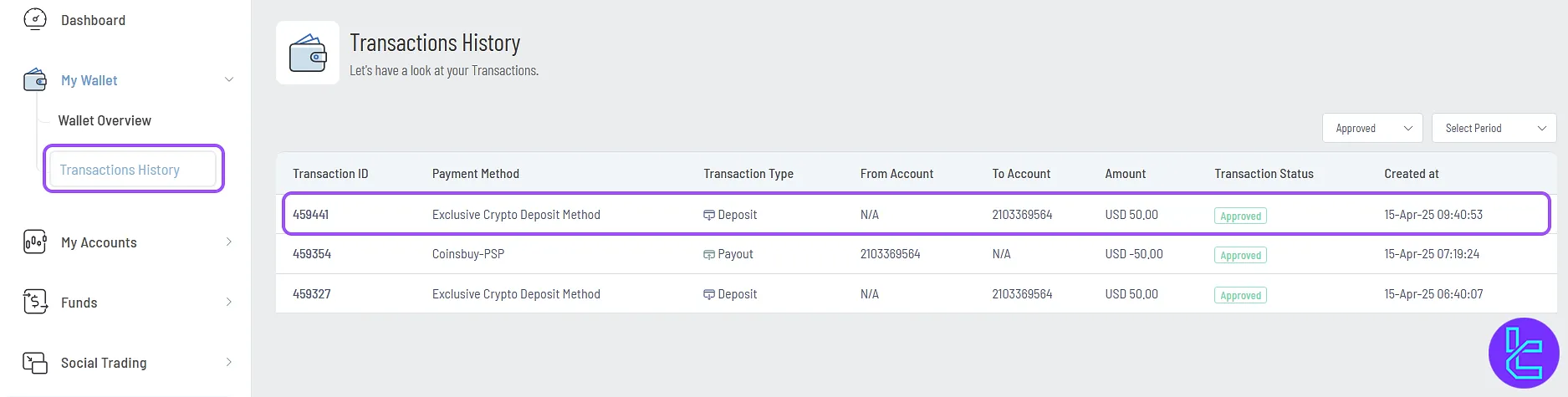 Exclusive Markets TRC20 funding transaction history