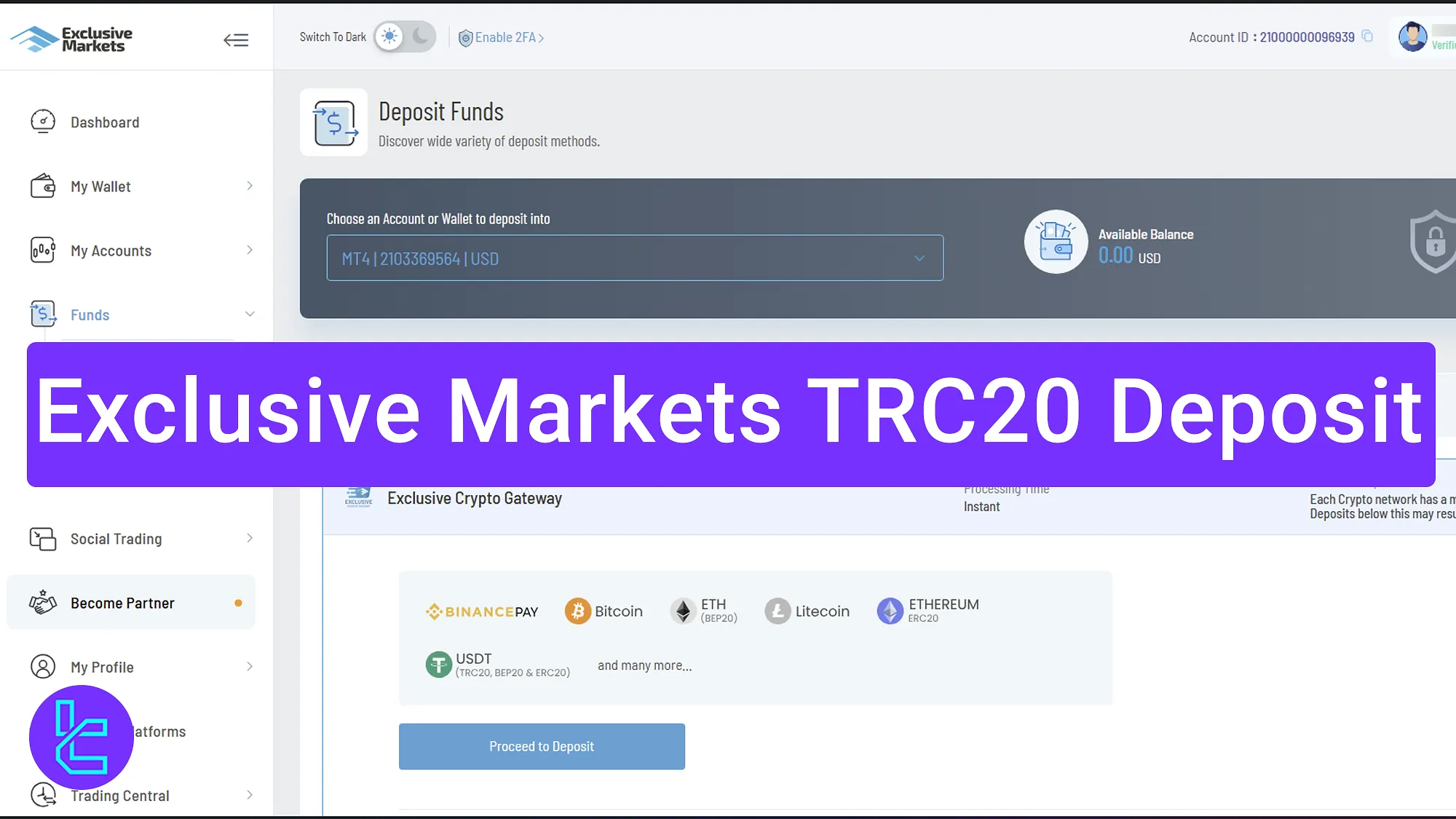 USDT-TRC20 crypto funding via Exclusive Markets TRC20 payment