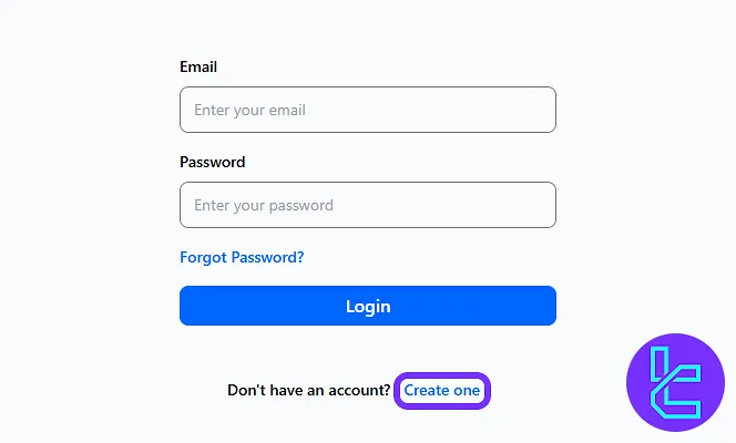 Selecting "Create one" from the login form to start the account creation in the AquaFunded