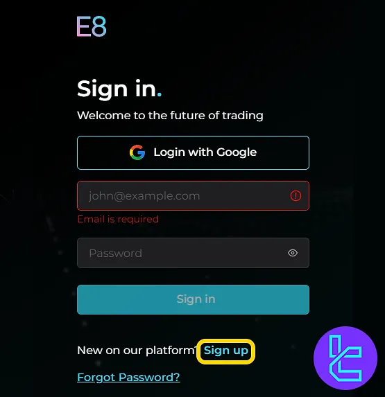 Accessing the E8 Markets account creation page via the login form