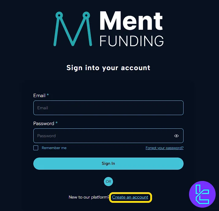 Login form on the Ment Funding site with sign-up link highlighted