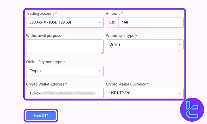 entering TRC20 payout details in the MultiBank cash-out form