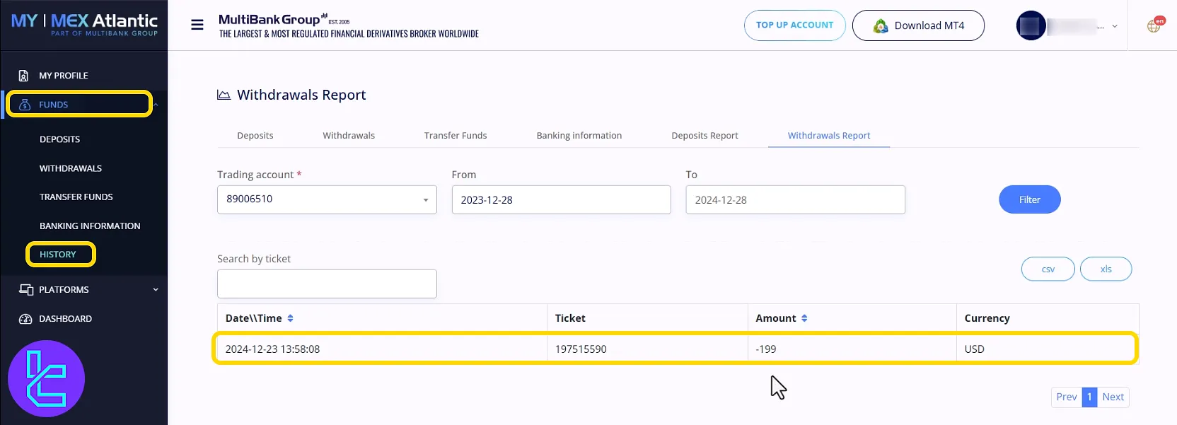 Reviewing MultiBank TRC20 payout status in the account history