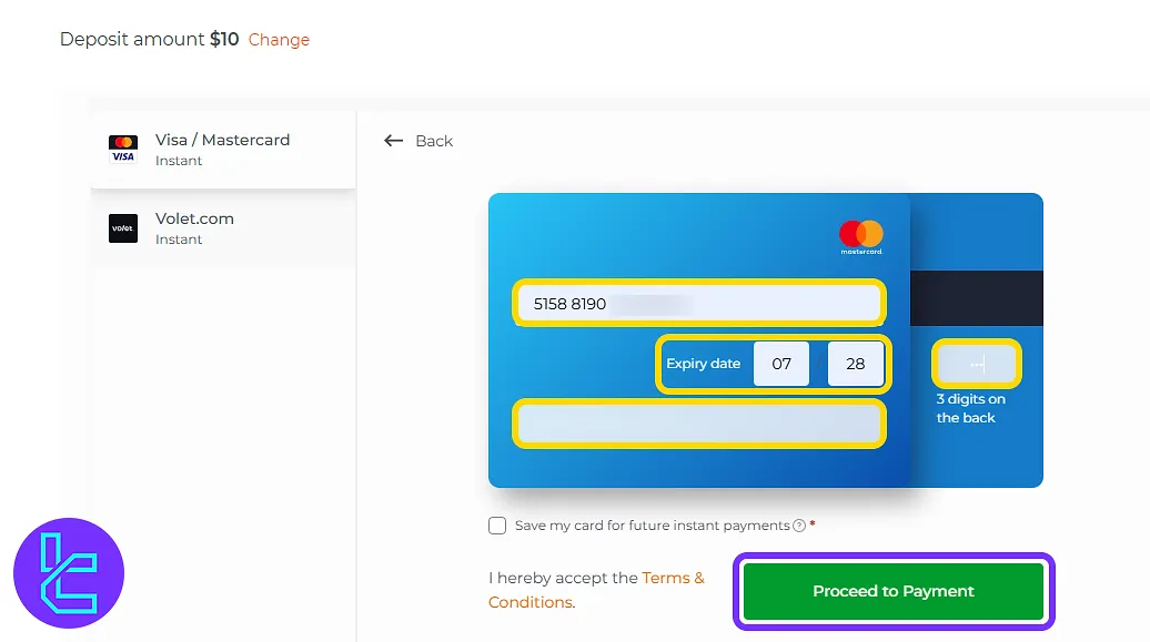 Entering card details for IQ Option Visa transaction