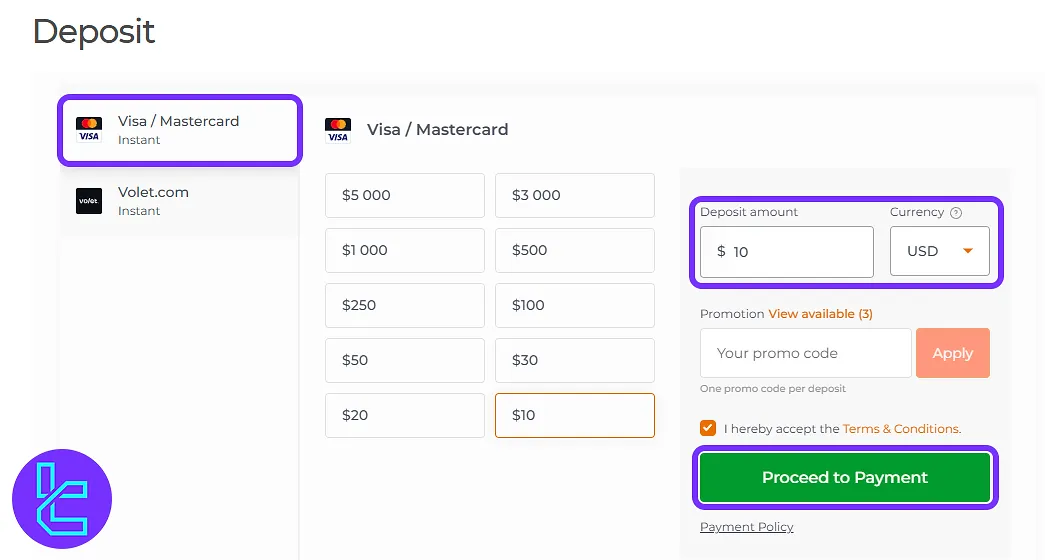 IQ Option Visa payment page