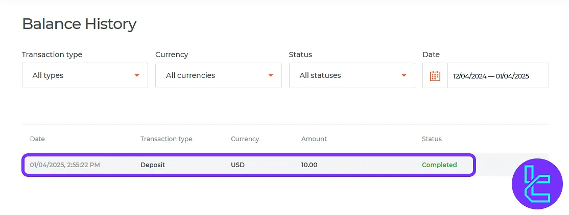 IQ Option transaction list showing Visa payment details and date