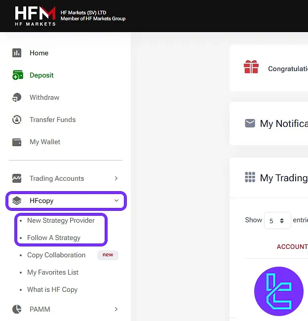 HFM Markets dashboard with the "HFcopy" section to start copy trading