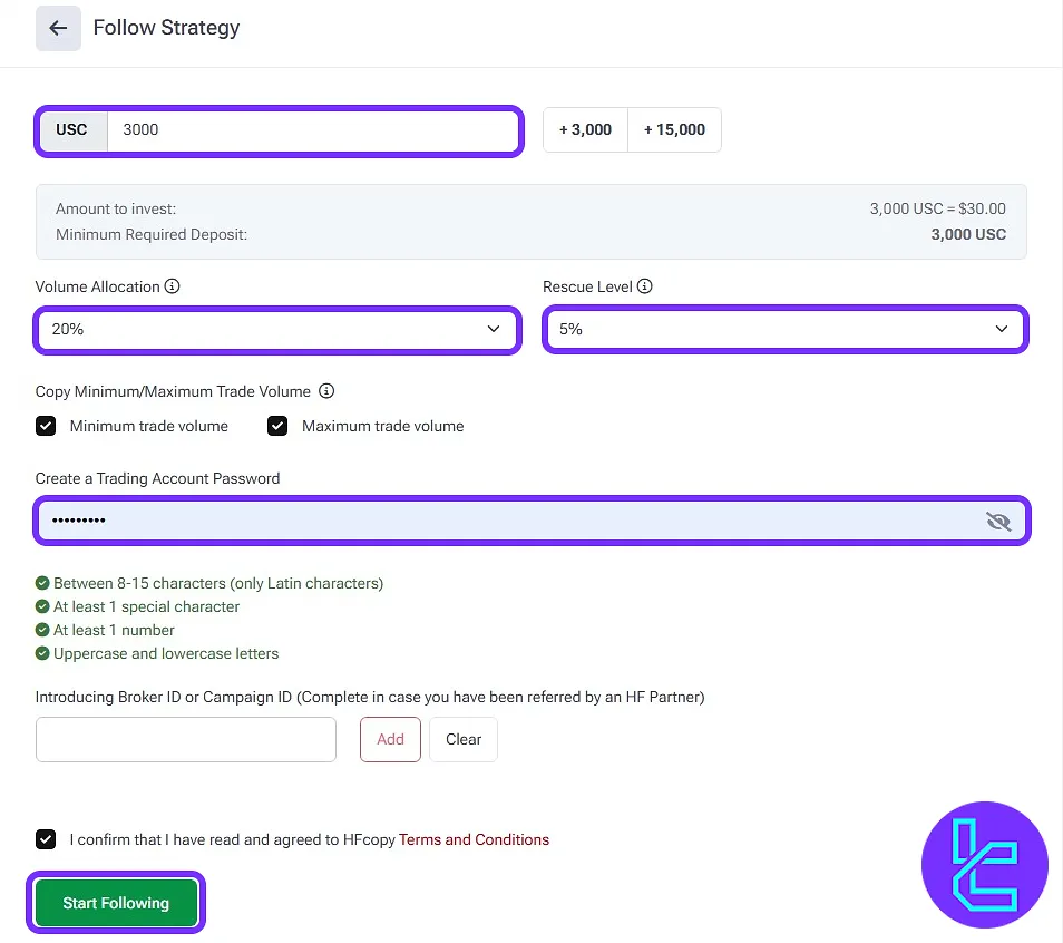 Entering the HF Markets copy trading configuration settings and starting the process