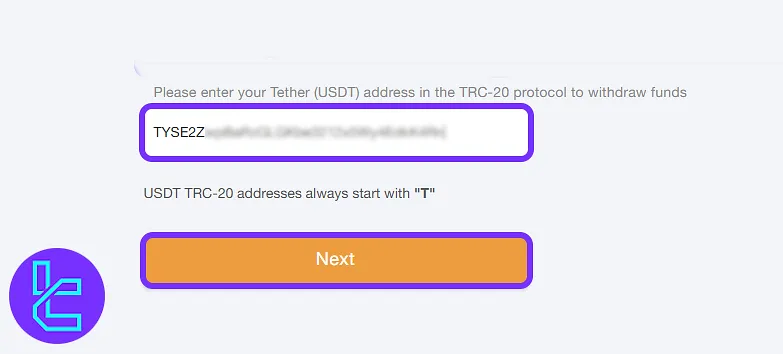 Amarkets TRC20 payout process with wallet address submission