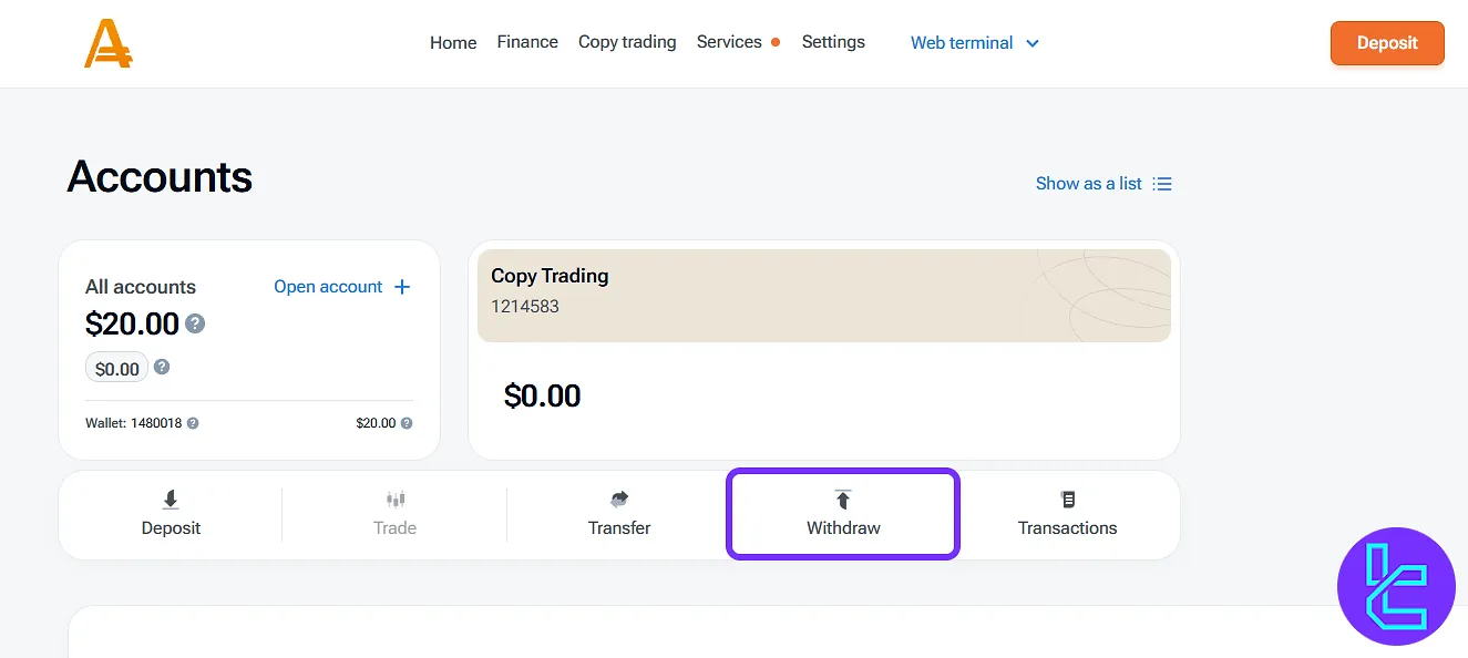 Dashboard interface with the "Withdraw" option to payout TRC20 in Amarkets