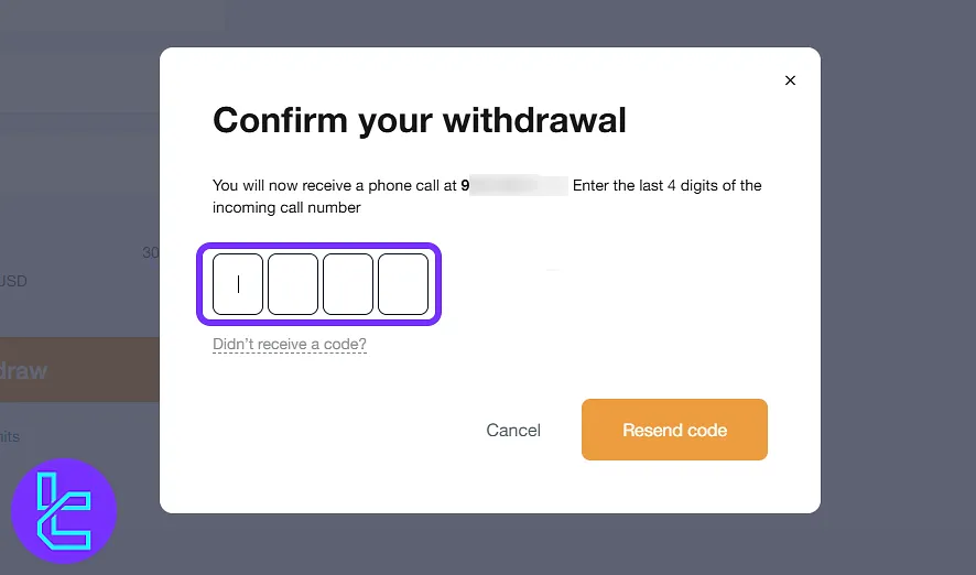 Phone code confirmation for TRC20 fund release in the Amarkets