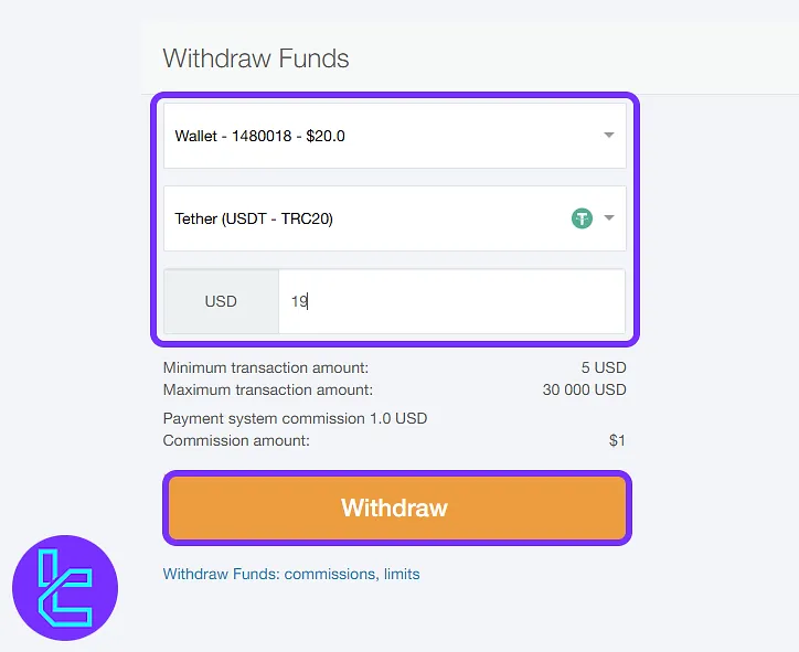 Amarkets TRC20 payout form with amount and crypto selection