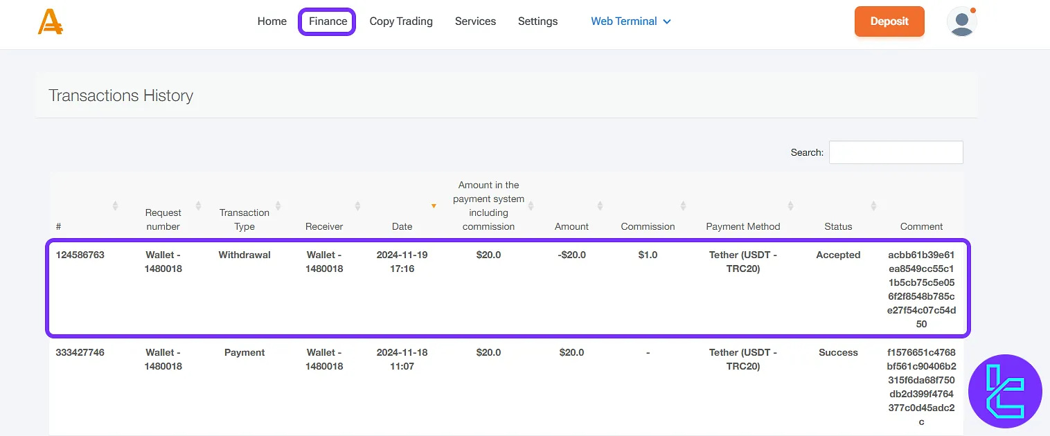 Transaction status for the TRC20 fund transfer in the Amarkets