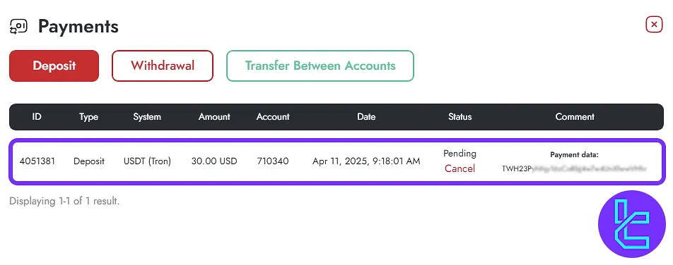 View showing TradersWay TRC20 transaction in the dashboard