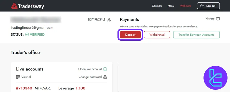 Dashboard interface with TRC20 payment option in the TradersWay