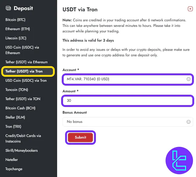 TradersWay TRC20 USDT funding setup with account, amount, and bonus selection