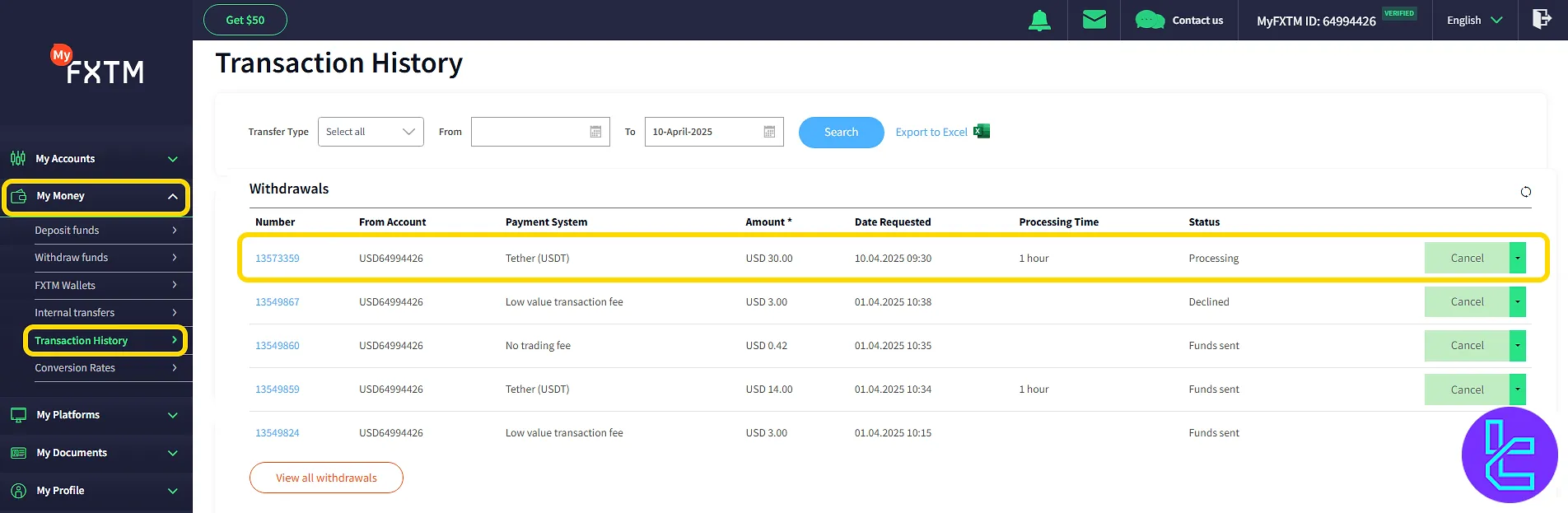 FXTM ERC20 cash-out record in the dashboard history