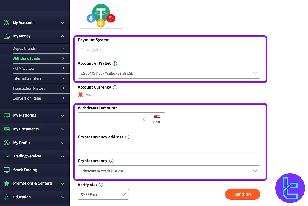entering ERC20 payout details in the FXTM form