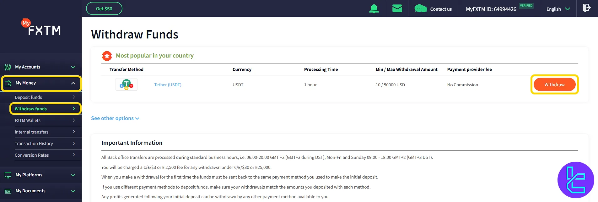 FXTM dashboard view for USDT ERC20 cash-out option