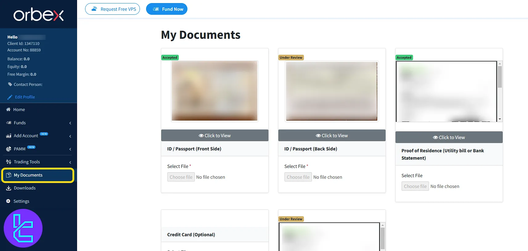 ID and KYC upload center in the Orbex dashboard