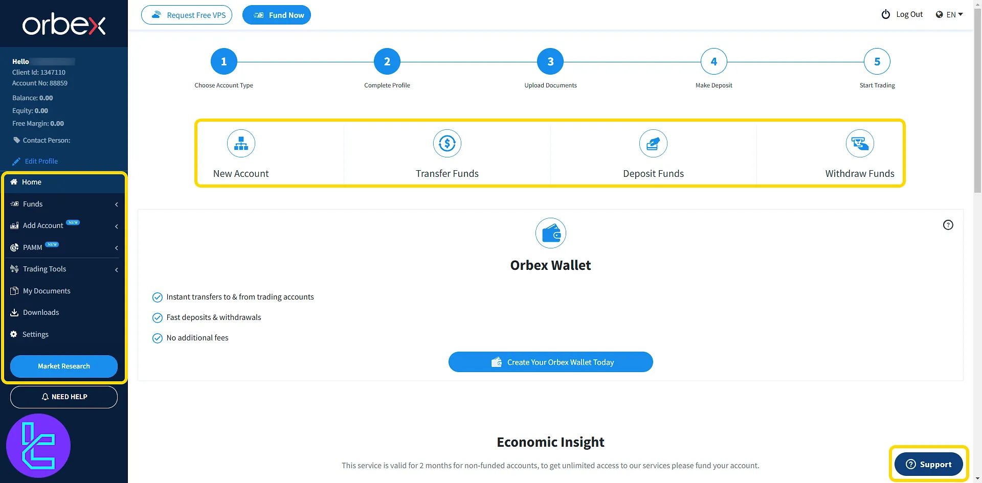 Orbex client area homepage with funding shortcuts