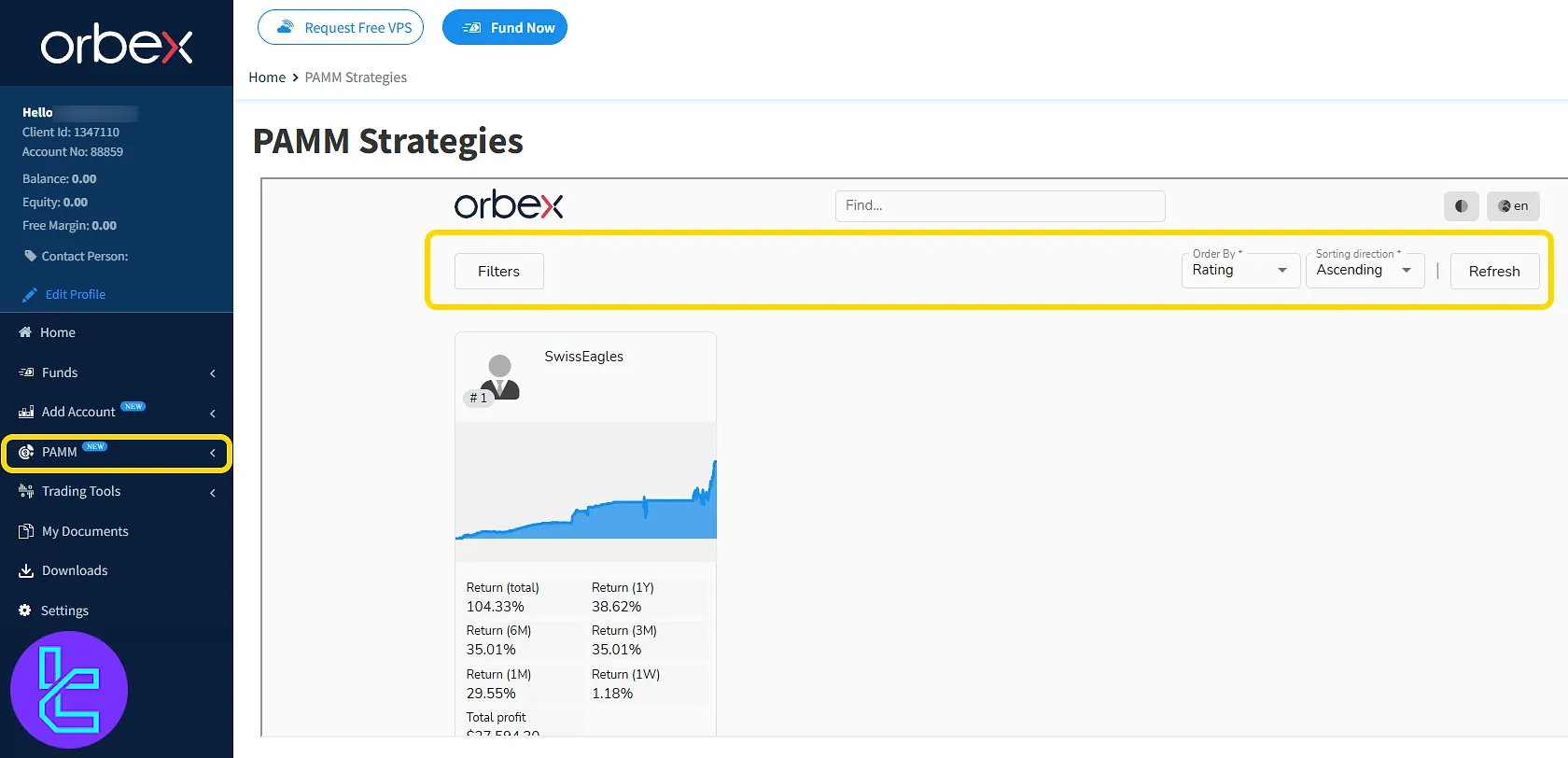 PAMM investor and manager tools in Orbex client cabinet