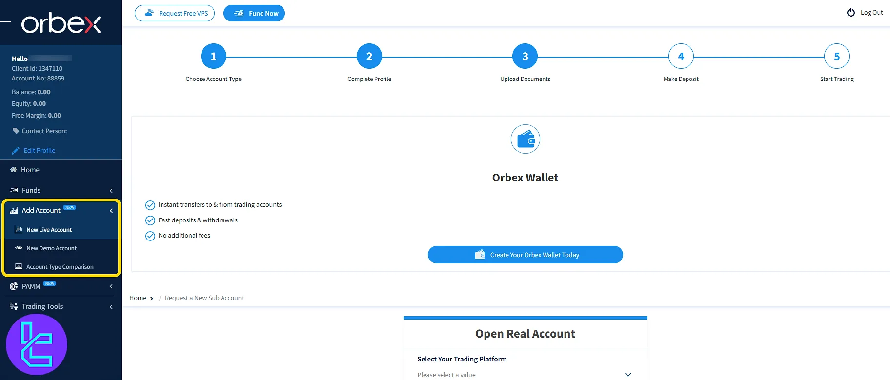 Create demo and live accounts in Orbex client cabin