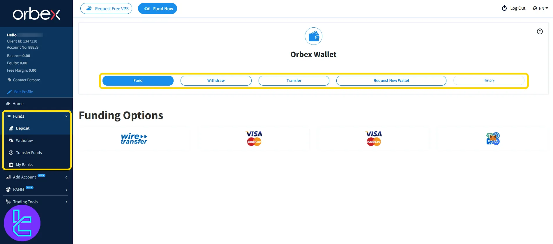 Orbex funding tools in client area menu