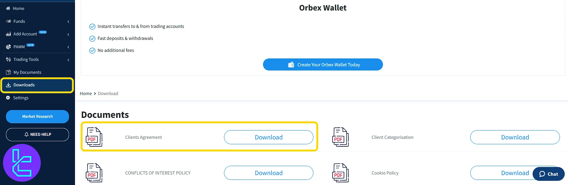 Download page for policy files in the Orbex dashboard