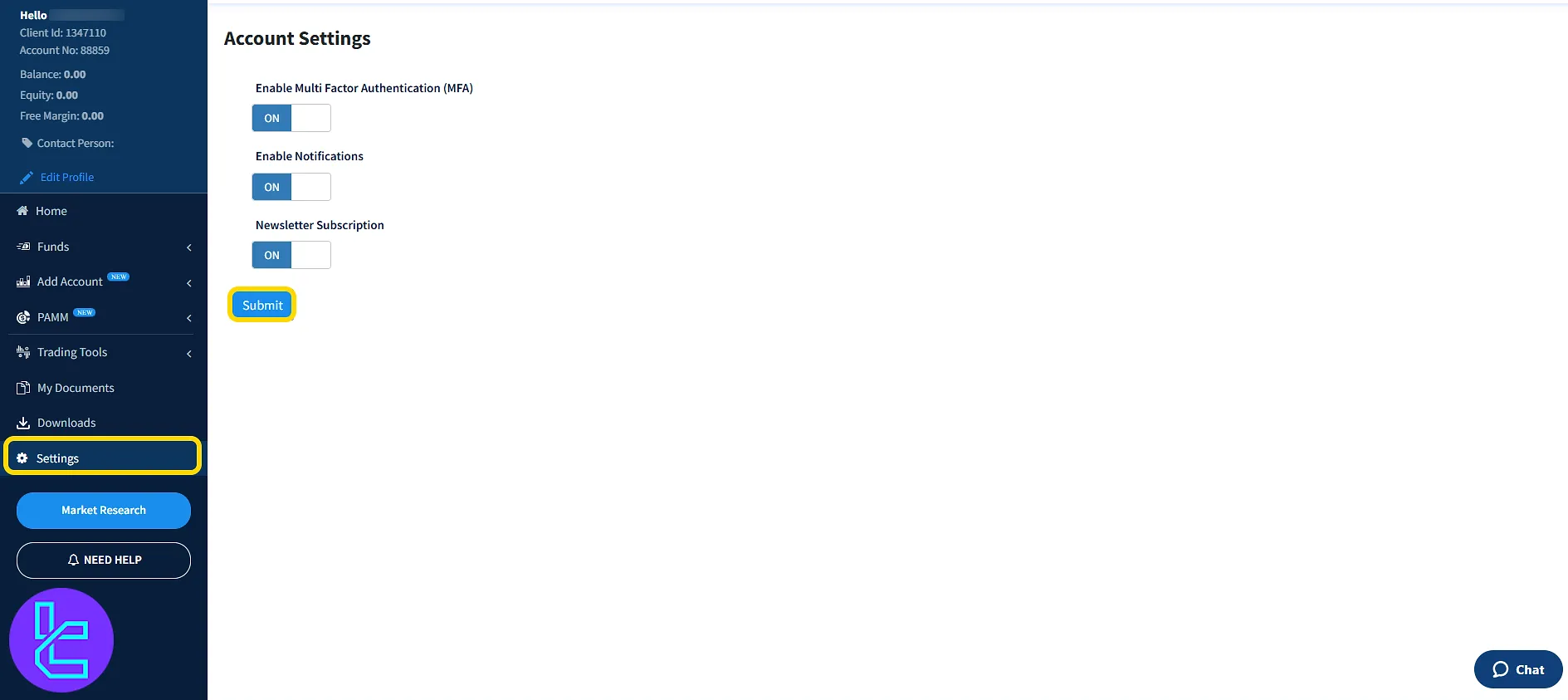 Security and preferences in Orbex user area