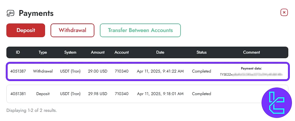 Transaction history tab displaying USDT TRC20 payout progress in the TradersWay