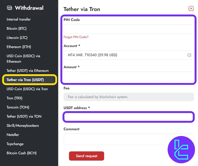 Enter USDT TRC20 amount, PIN, and wallet for the TradersWay payout process