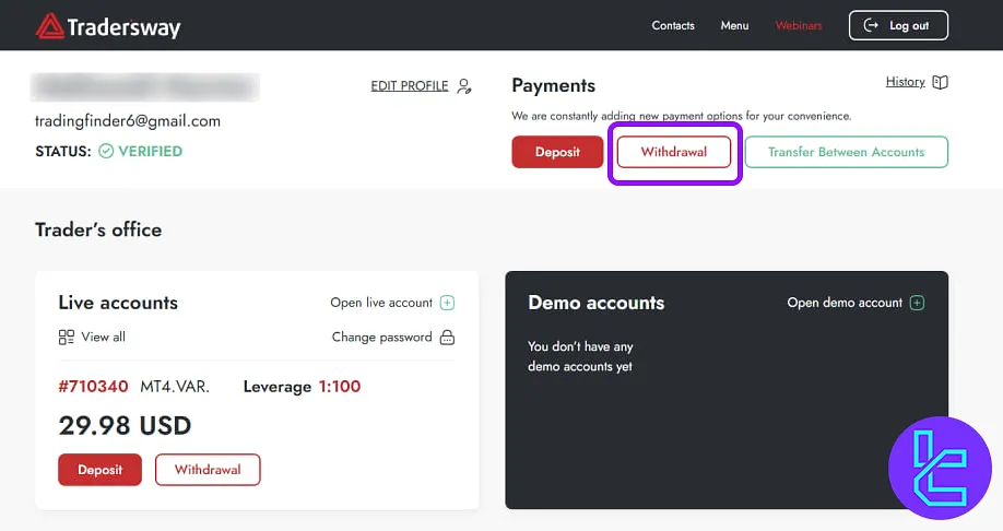 Open transfer panel for TradersWay Tether TRC20 in the dashboard