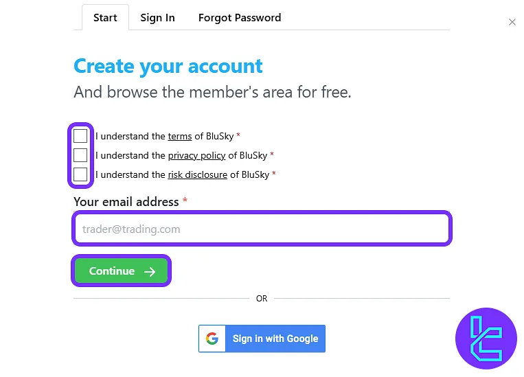 BluSky account creation form with required checkboxes