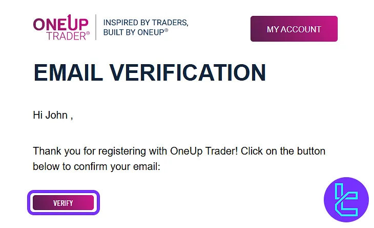 Email verification message from the OneUp Trader in the sign-up process