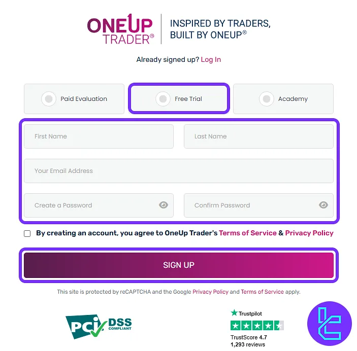Personal detail input for the OneUp Trader sign-up