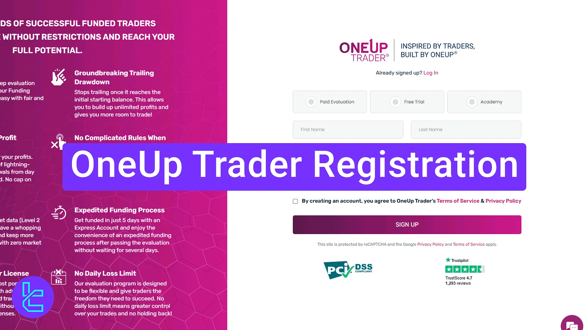 OneUp Trader account setup interface showing free trial form