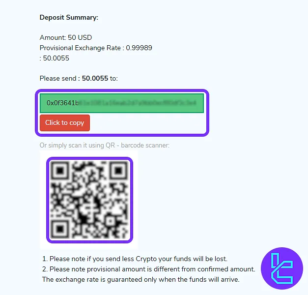 QR code and ERC20 wallet address for the Switch Markets top-up process