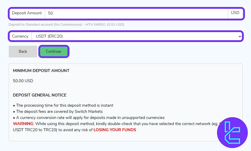 USDT ERC20 payment entry form in the Switch Markets dashboard