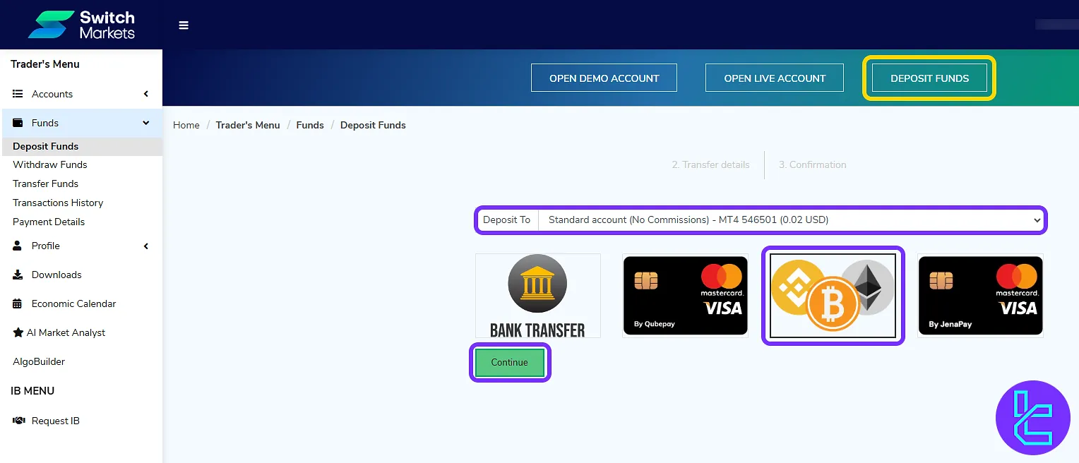 Dashboard view with crypto method selection for the Switch Markets ERC20 transfer