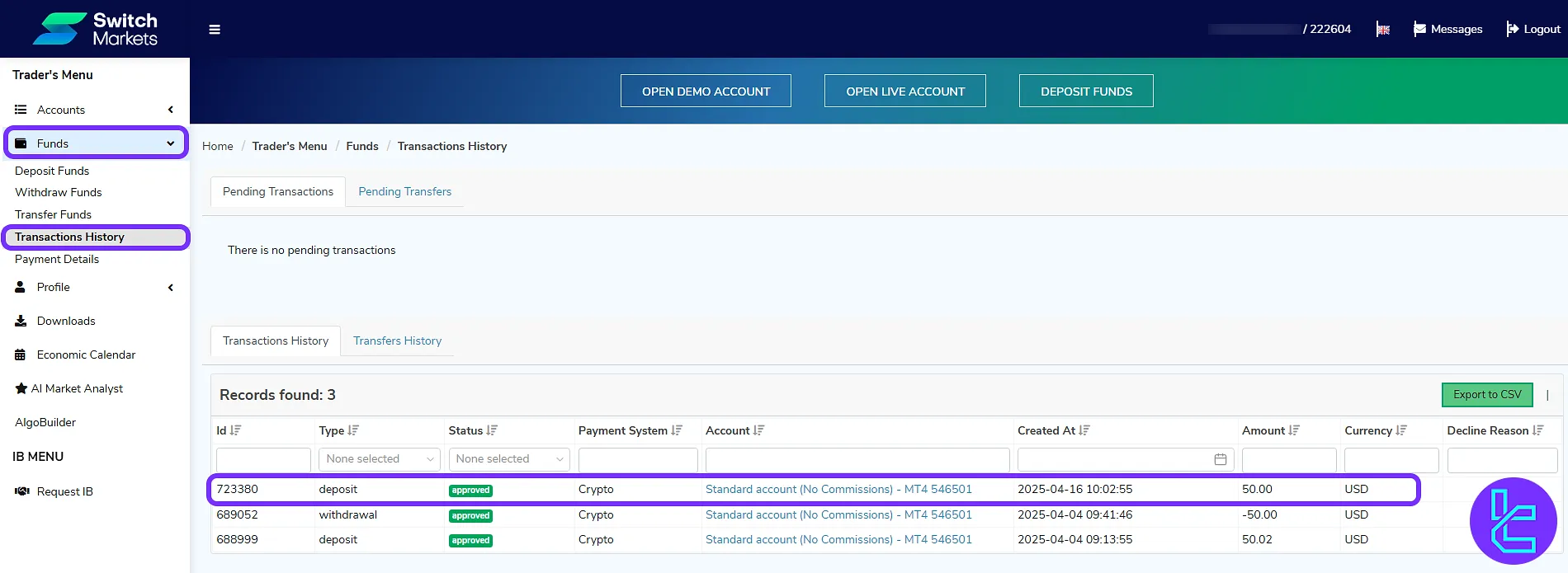 Approved transaction view in the Switch Markets ERC20 transfer log