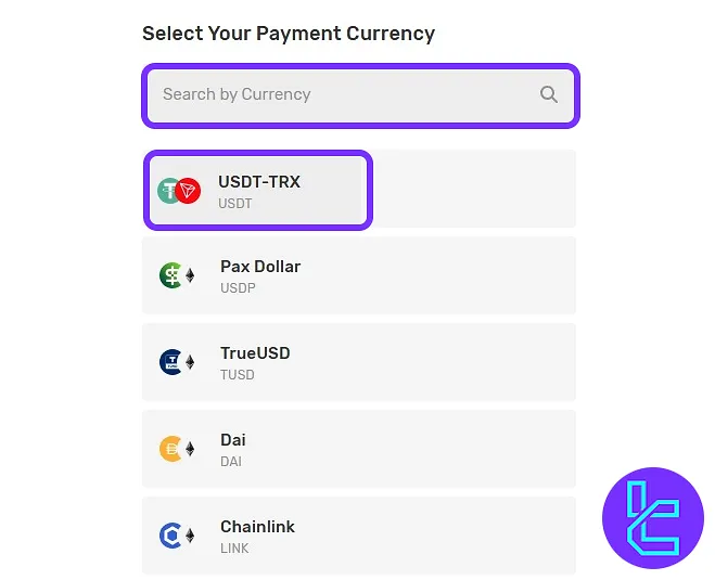 Selecting the "USDT-TRX" from the available crypto options in the Traders Trust