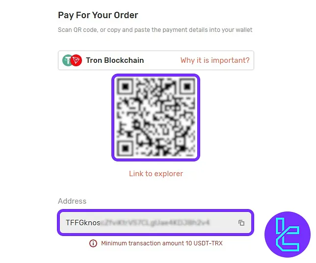 QR code and wallet address for USDT TRC20 transfer in the Traders Trust