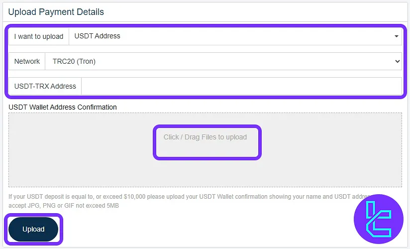 Upload TRC20 wallet and payment proof in the Traders Trust dashboard