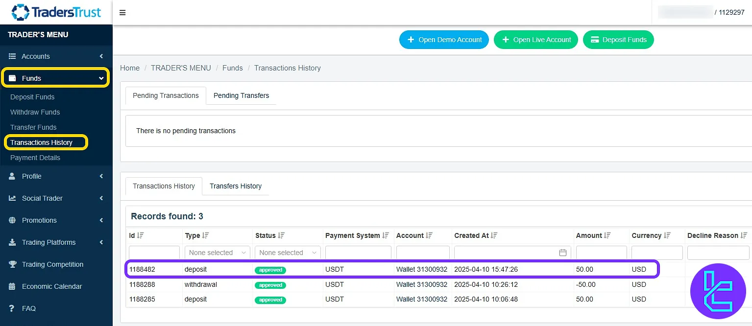 Traders Trust TRC20 funding status in the Transactions History section