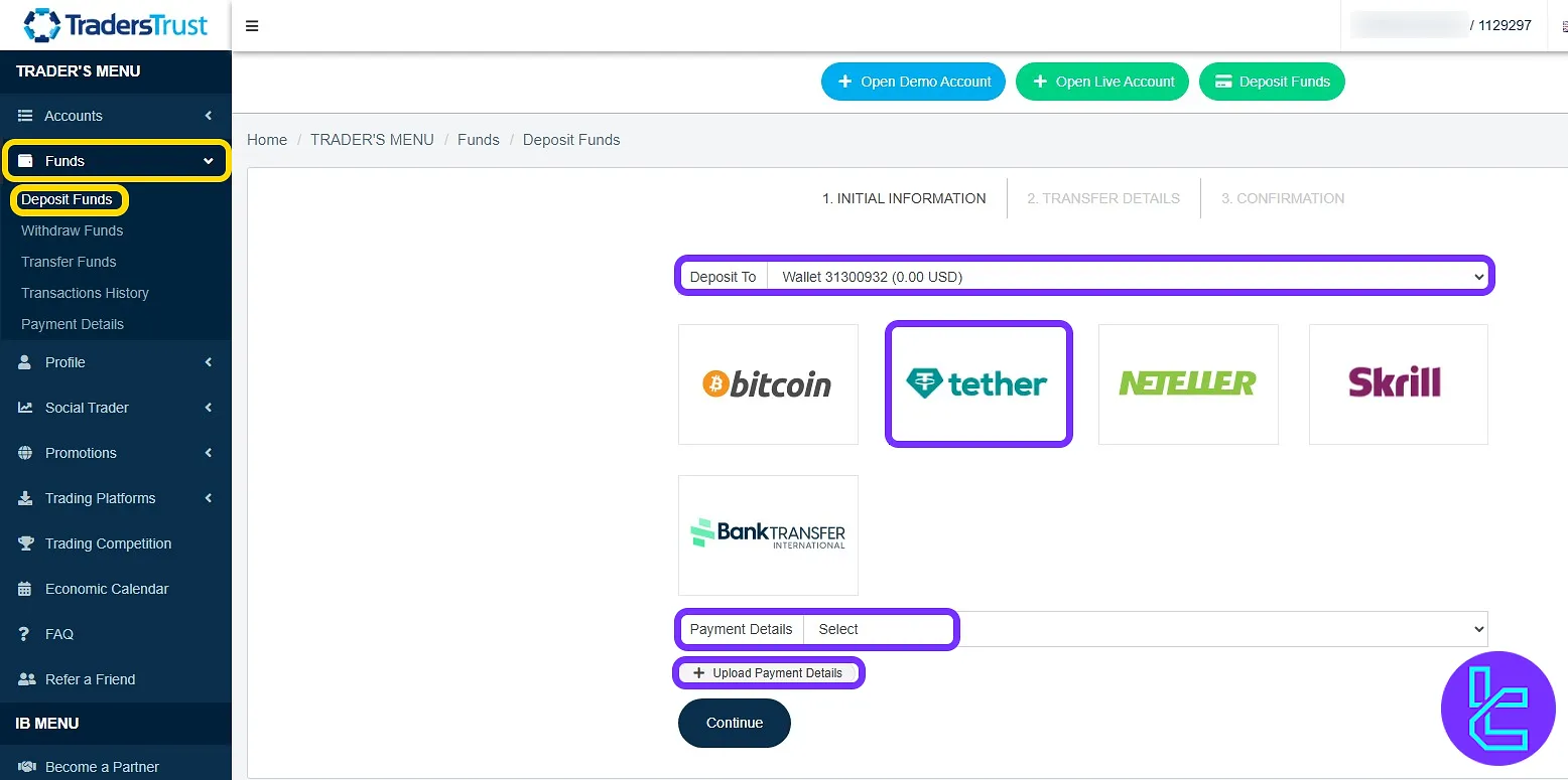 Traders Trust TRC20 top-up selection menu in the interface