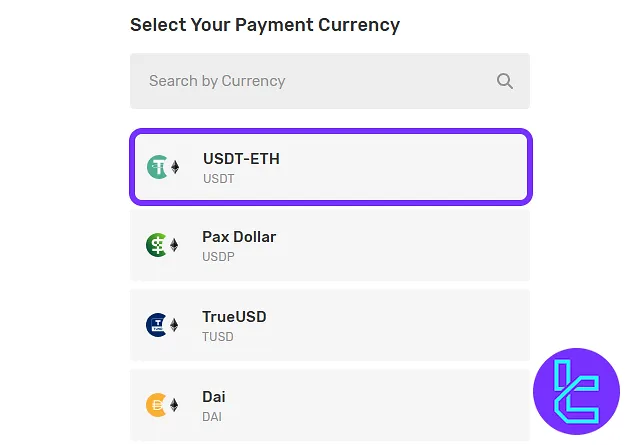Selecting USDT on Ethereum from payment currencies in the Traders Trust broker